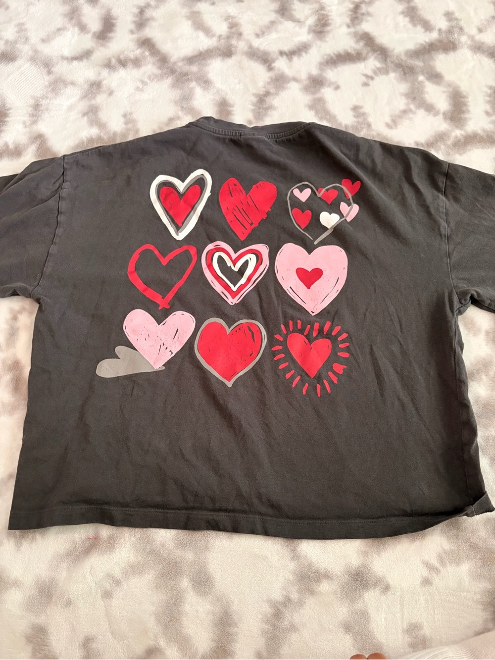 Zara Black Tee with Red & Pink Heart Graphics